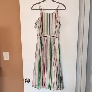 Ann Taylor Linen Striped Spaghetti-Strap Midi Dress in Multi-Color